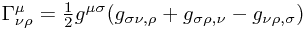 \Gamma^\mu_{\nu\rho} = \frac 1 2 g^{\mu\sigma}(g_{\sigma\nu,\rho}+g_{\sigma\rho,\nu}-g_{\nu\rho,\sigma})