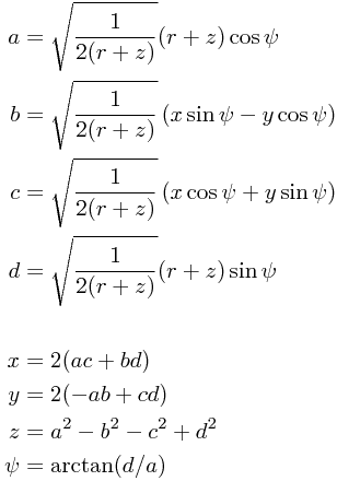 
\begin{align*}
a &= \sqrt{\frac 1 {2(r+z)}} (r+z)\cos \psi \\
b &= \sqrt{\frac 1 {2(r+z)}} \left( x \sin \psi - y \cos \psi \right) \\
c &= \sqrt{\frac 1 {2(r+z)}} \left( x \cos \psi + y \sin \psi \right) \\
d &= \sqrt{\frac 1 {2(r+z)}} (r+z) \sin \psi \\
\\
x &= 2(ac+bd) \\
y &= 2(-ab+cd) \\
z &= a^2-b^2-c^2+d^2 \\
\psi &= \arctan(d/a)
\end{align*}
